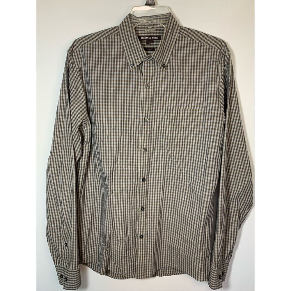 Michael Kors Men's Slim Fit Gingham Long Sleeve Button-Down Shirt Gray & Tan Lar
